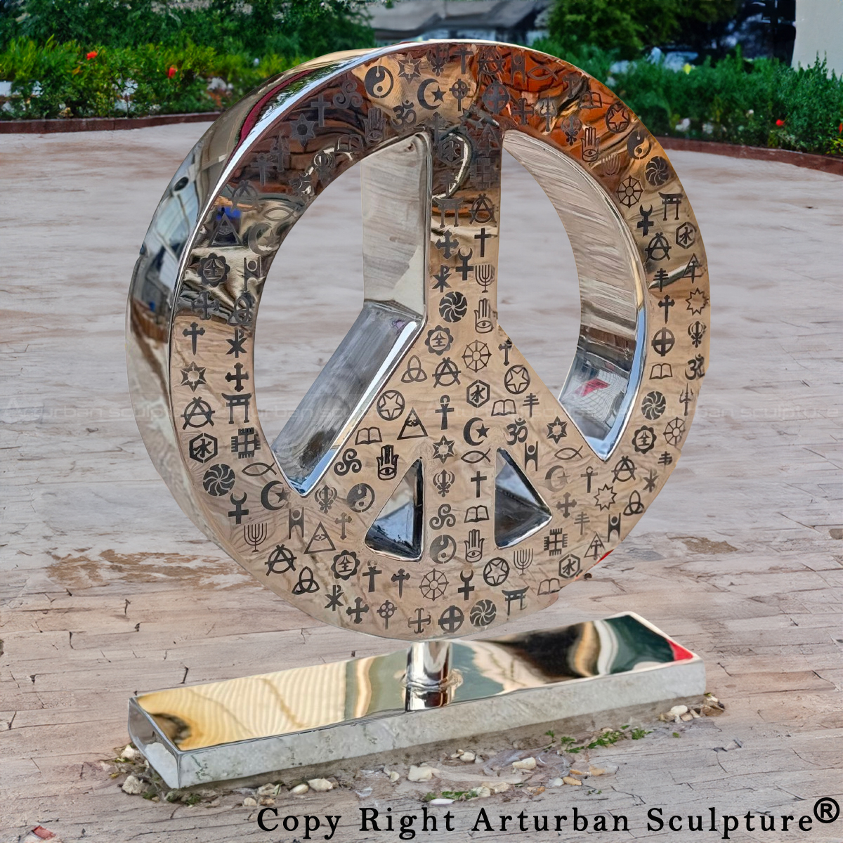 stainless Steel Peace Sign Sculpture front view