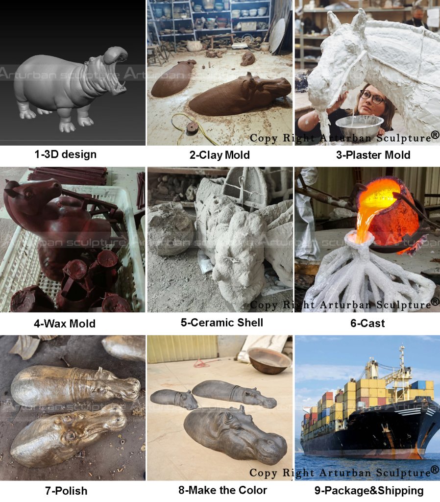 production process of the bronze hippopotamuses sculpture