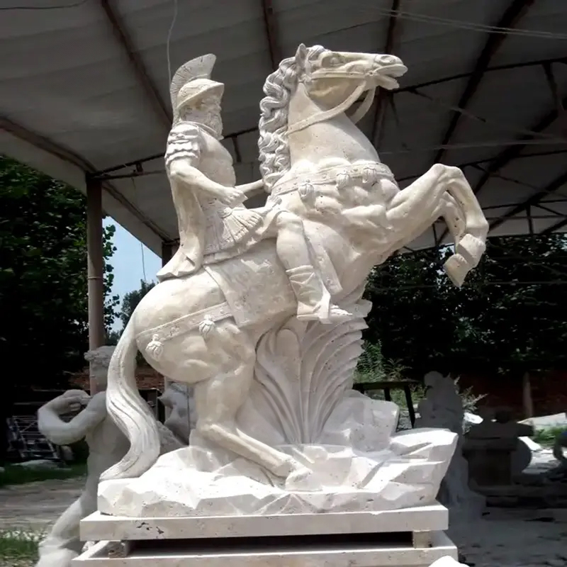 A dramatic Warrior on Horse Statue carved in white stone
