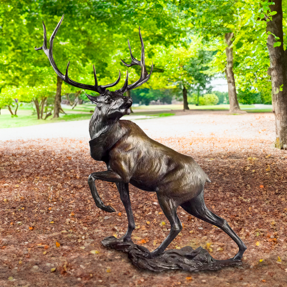 A majestic bronze Elk Statue for Sale featuring a powerful male elk with large antlers