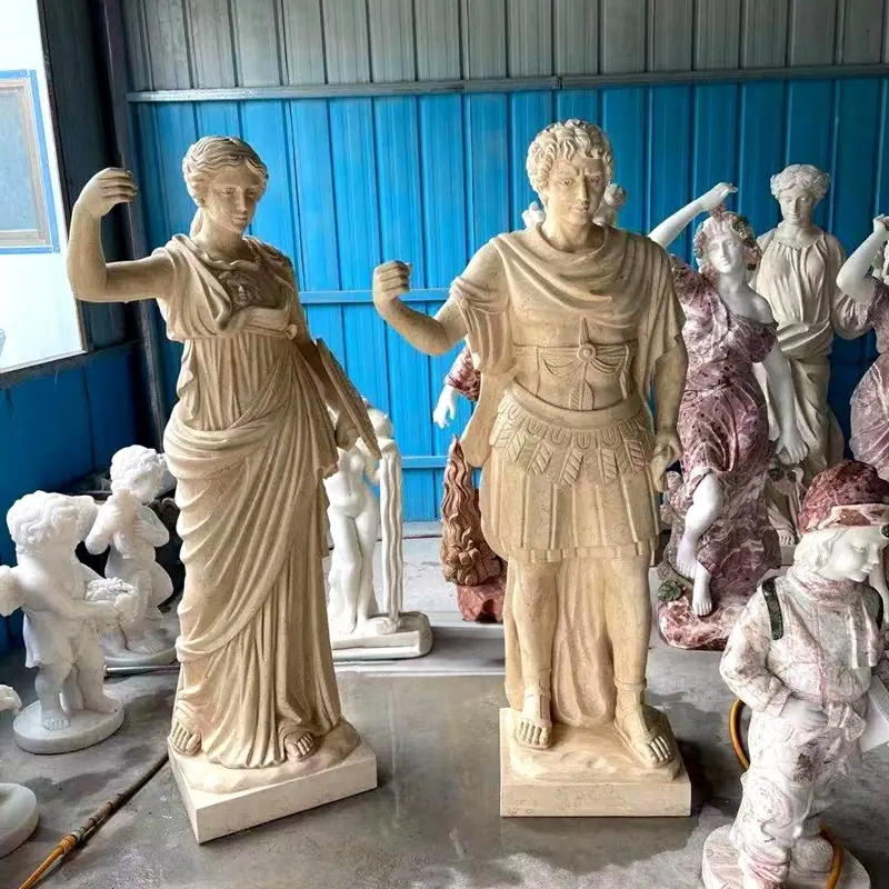 A pair of Ancient Roman Marble Sculptures depicting a noblewoman in a draped gown and a Roman general in armor