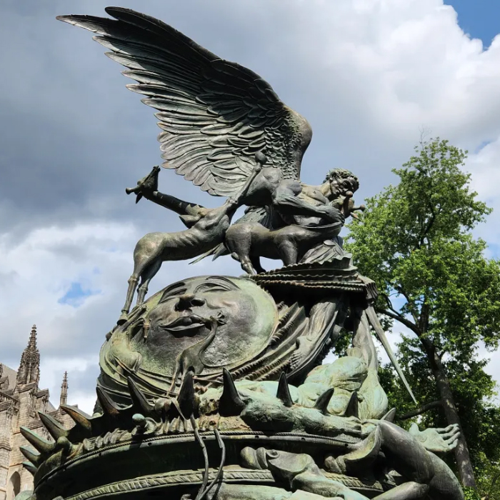 Archangel Michael and symbolic figures on the Peace Fountain