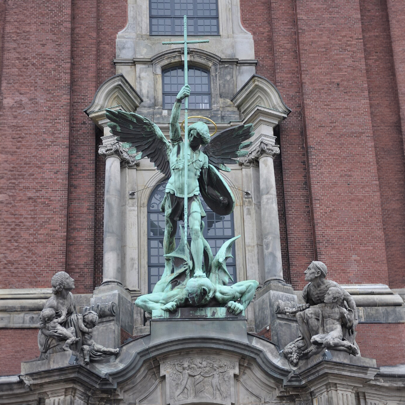 Archangel Michael statue defeating Satan, Hamburg