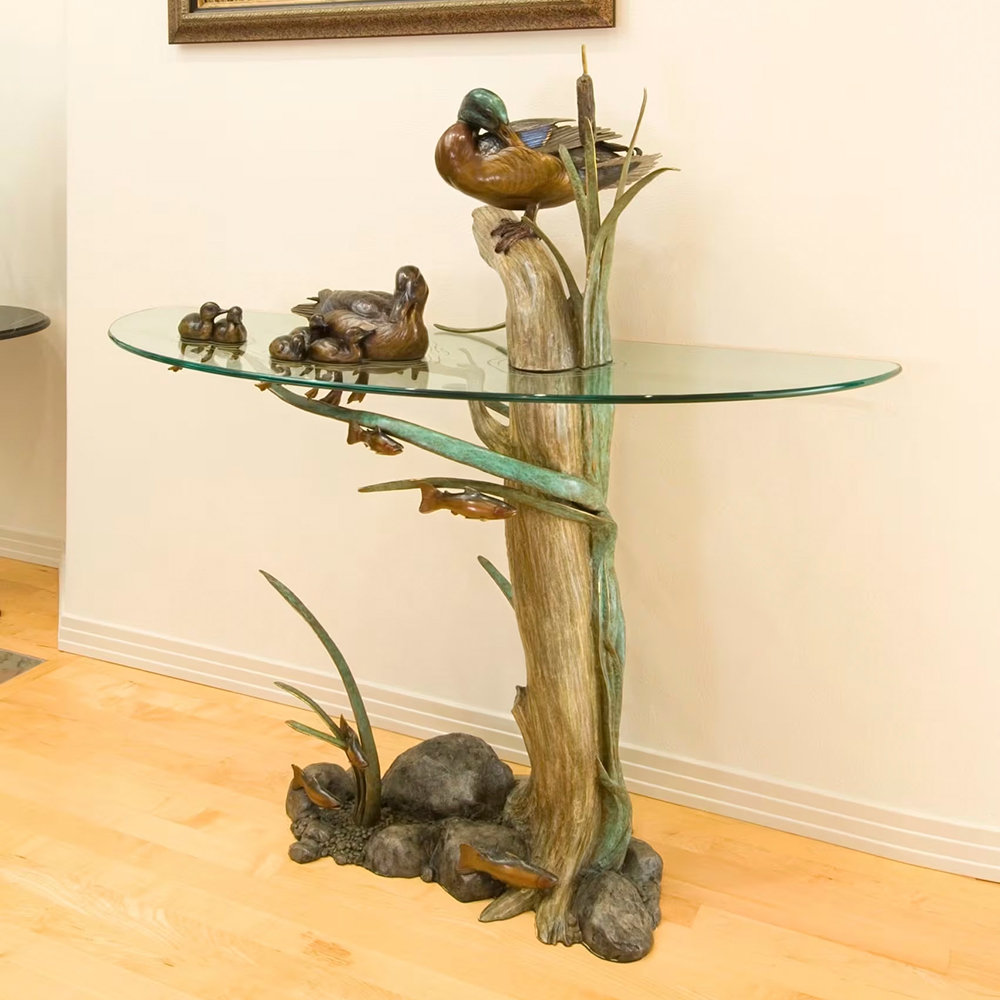 Artistic Glass Top Animal Coffee Table showing duck family on water surface and aquatic life with cattails beneath the glass