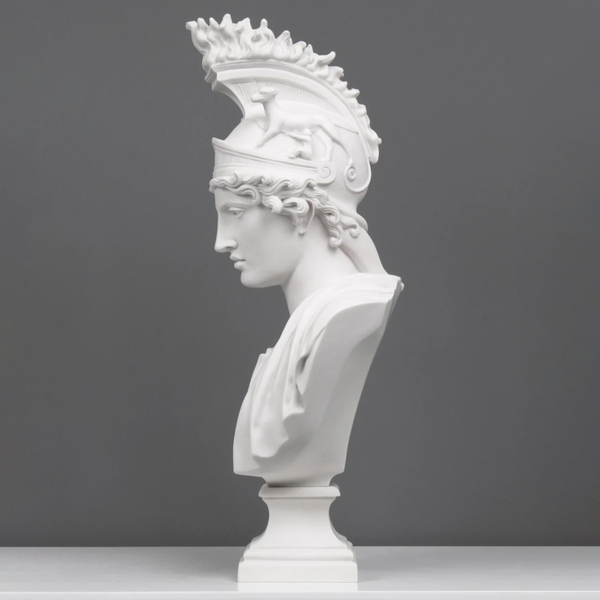 Athena Marble Bust with detailed marble drapery and high crest helmet