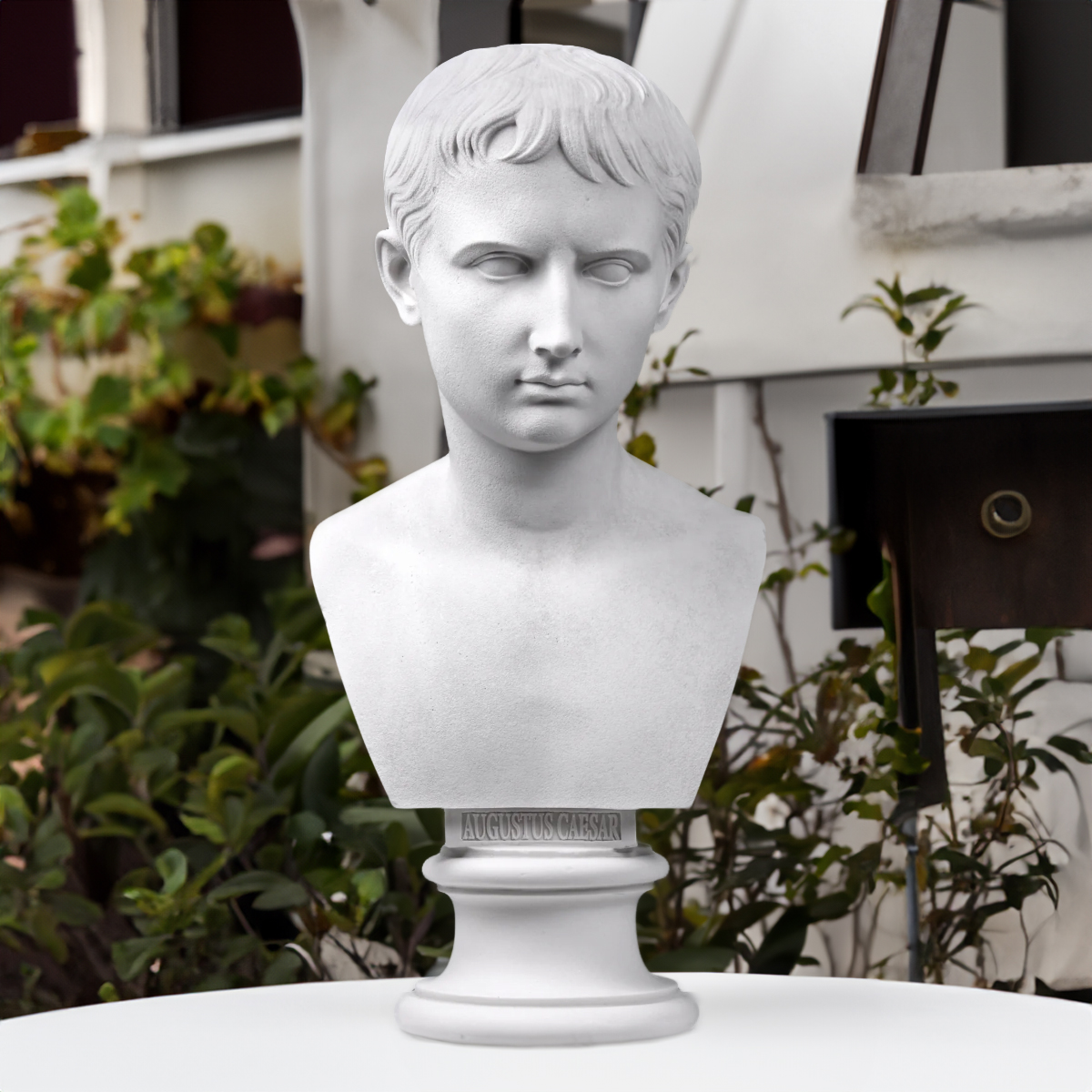 Augustus Caesar Head Sculpture with inscription, realistic and smooth marble surface