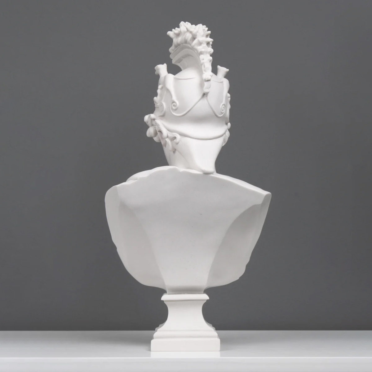 Back view of Athena Marble Bust with ornate helmet detail