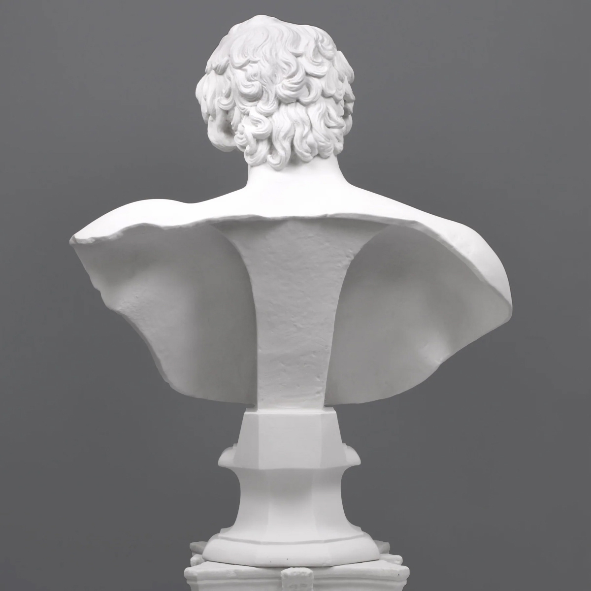 Back view of marble Antinous Statue for Sale with curly hair detail