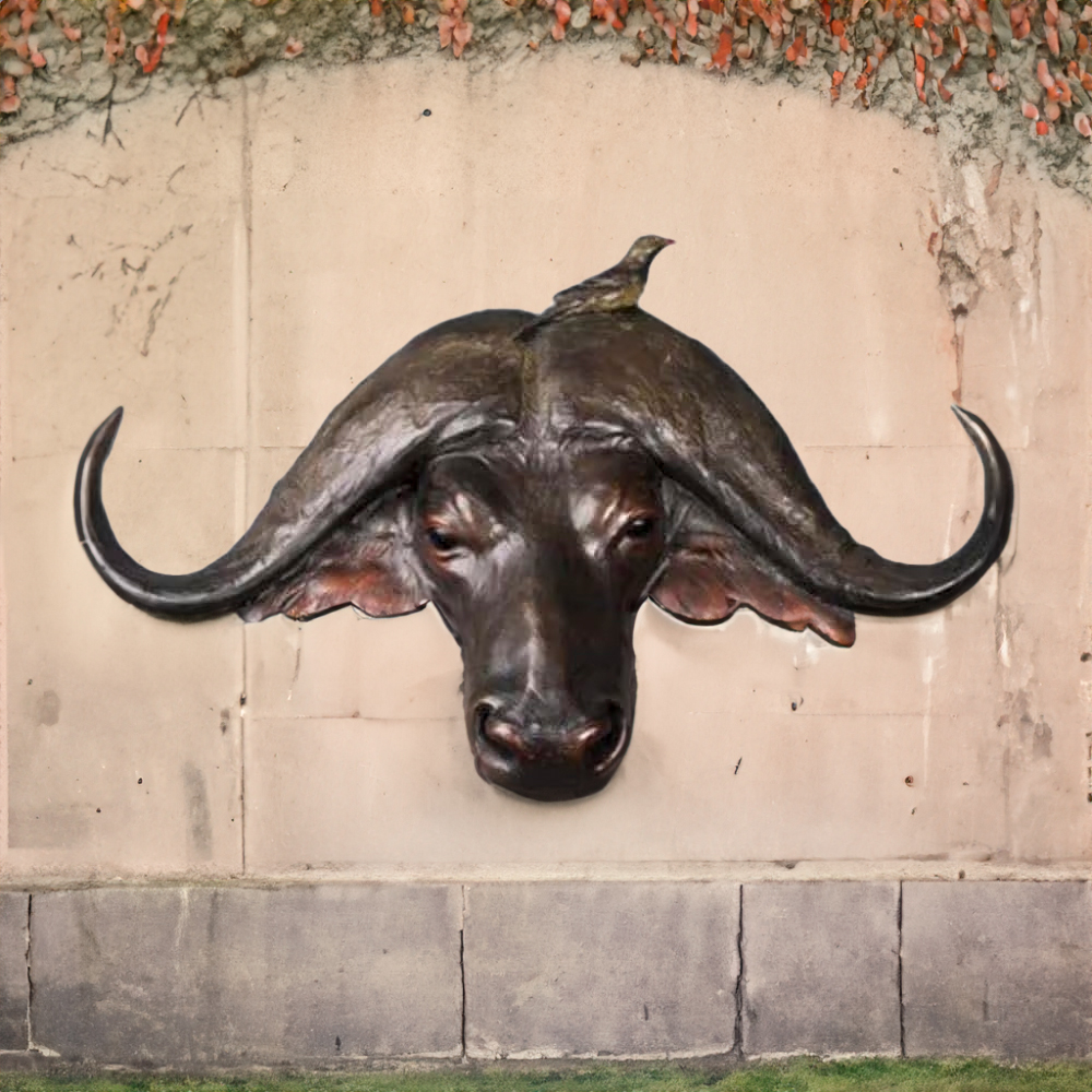 Bronze Buffalo Head Statue mounted on wall, featuring lifelike African buffalo horns and a small bird perched on top