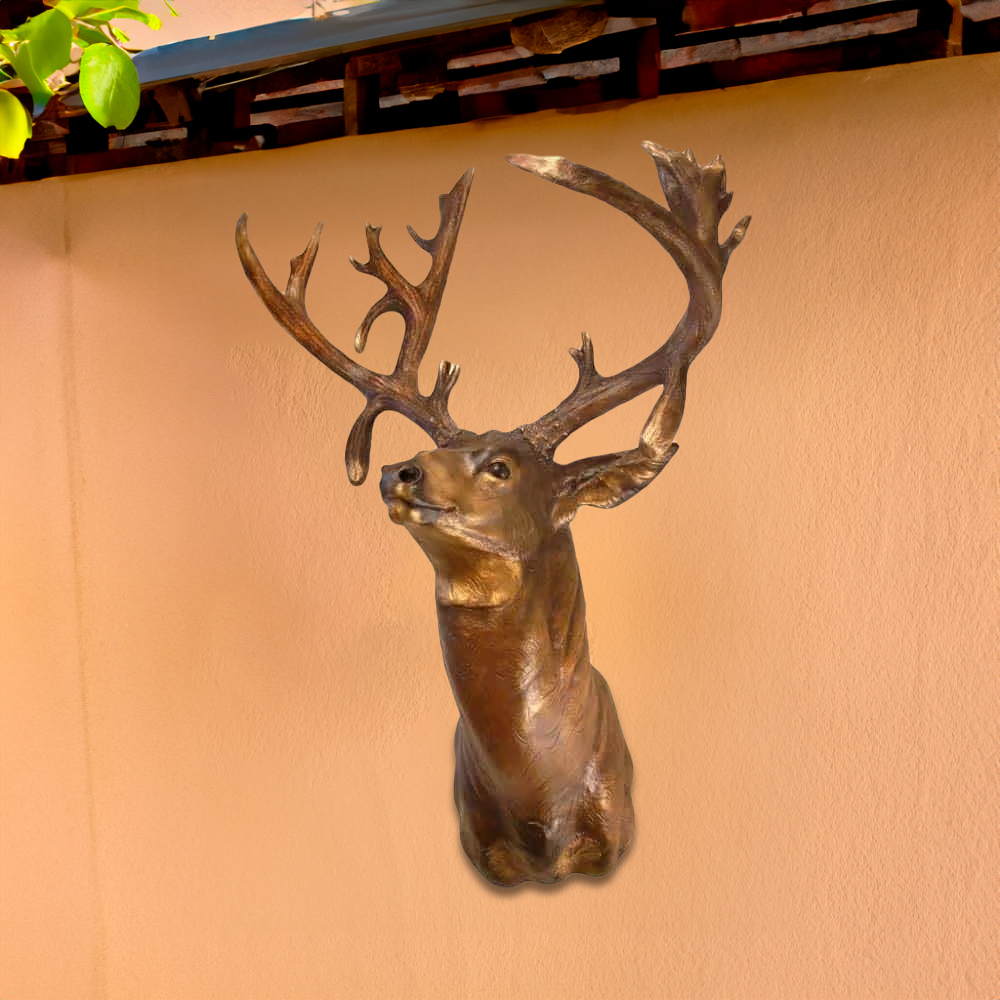 Bronze Deer Head Wall Sculpture depicting a mule deer with detailed antlers