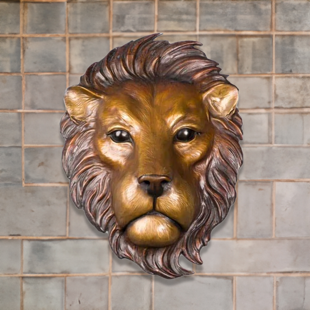 Bronze Lion Head Wall Sculpture featuring the majestic face of an African lion with detailed mane