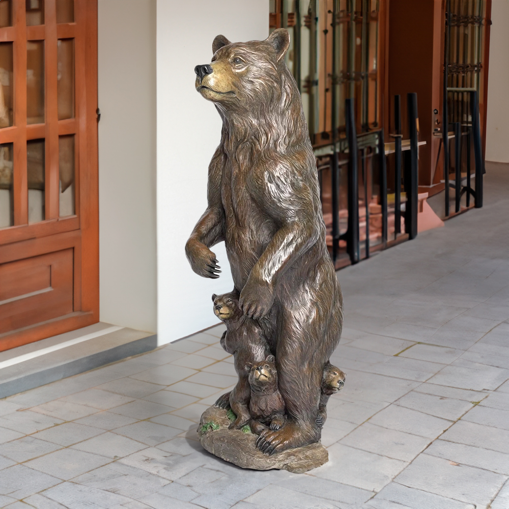 Bronze Mama Bear Statue depicting a standing grizzly bear with three cubs around her