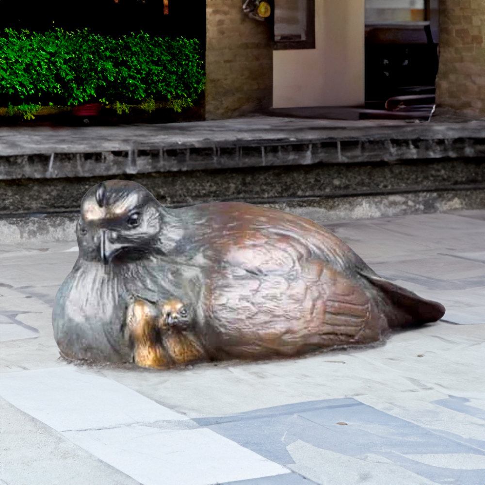 Bronze Quail Garden Statue featuring a nesting mother quail sheltering her chicks in a protective pose