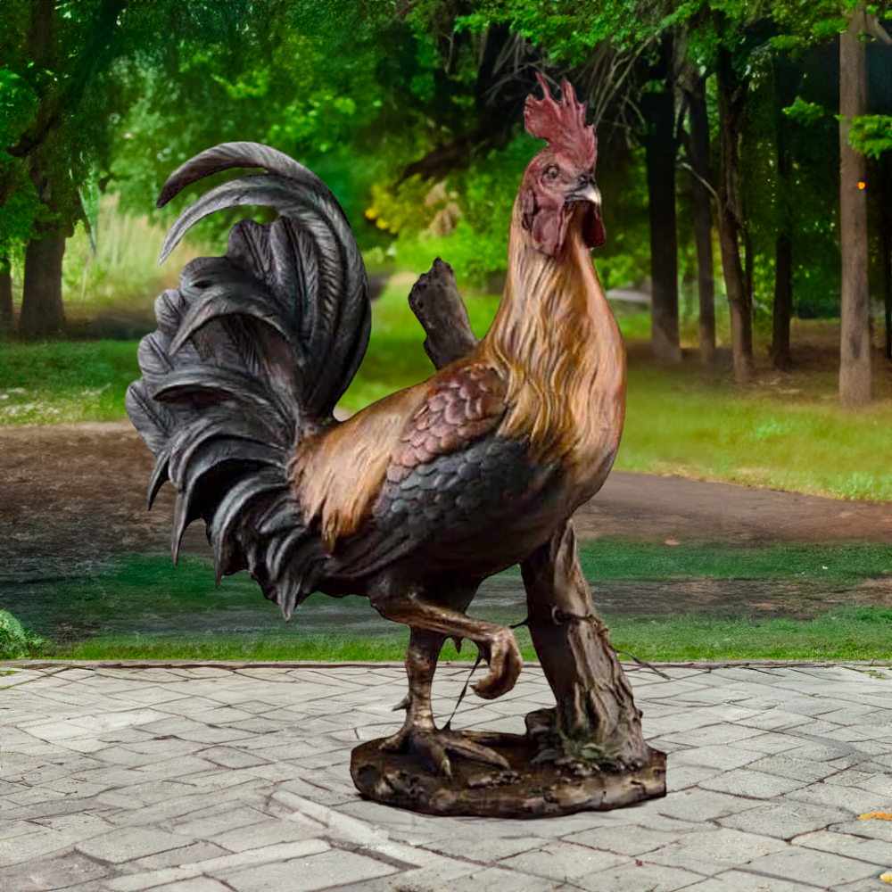 Bronze Rooster Yard Statue featuring a proud standing rooster with raised foot