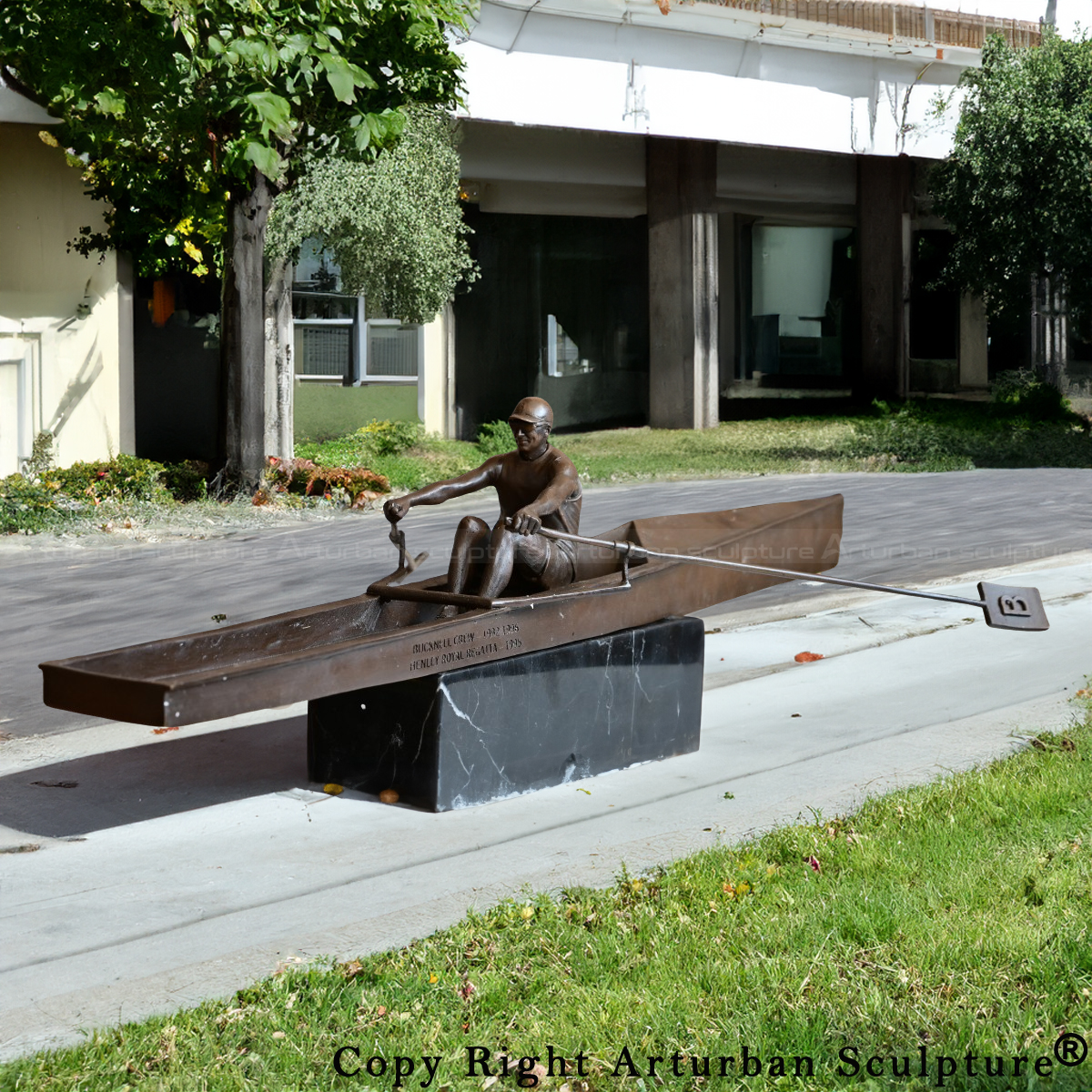Bronze Sculling Sculpture for Sale featuring a rower in full stroke position with detailed oars and marble base