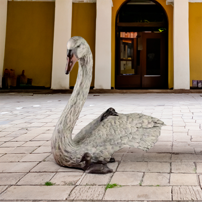 Bronze Swan Sculpture with two cygnets resting on back and beside