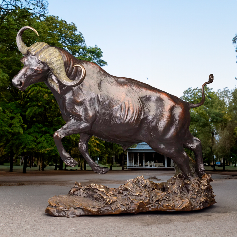 Cape Buffalo Statue featuring a dynamic bronze sculpture of a leaping African buffalo with curved horns