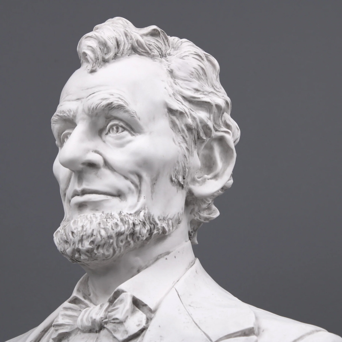 Close-up of Abraham Lincoln's marble bust focusing on the expressive face