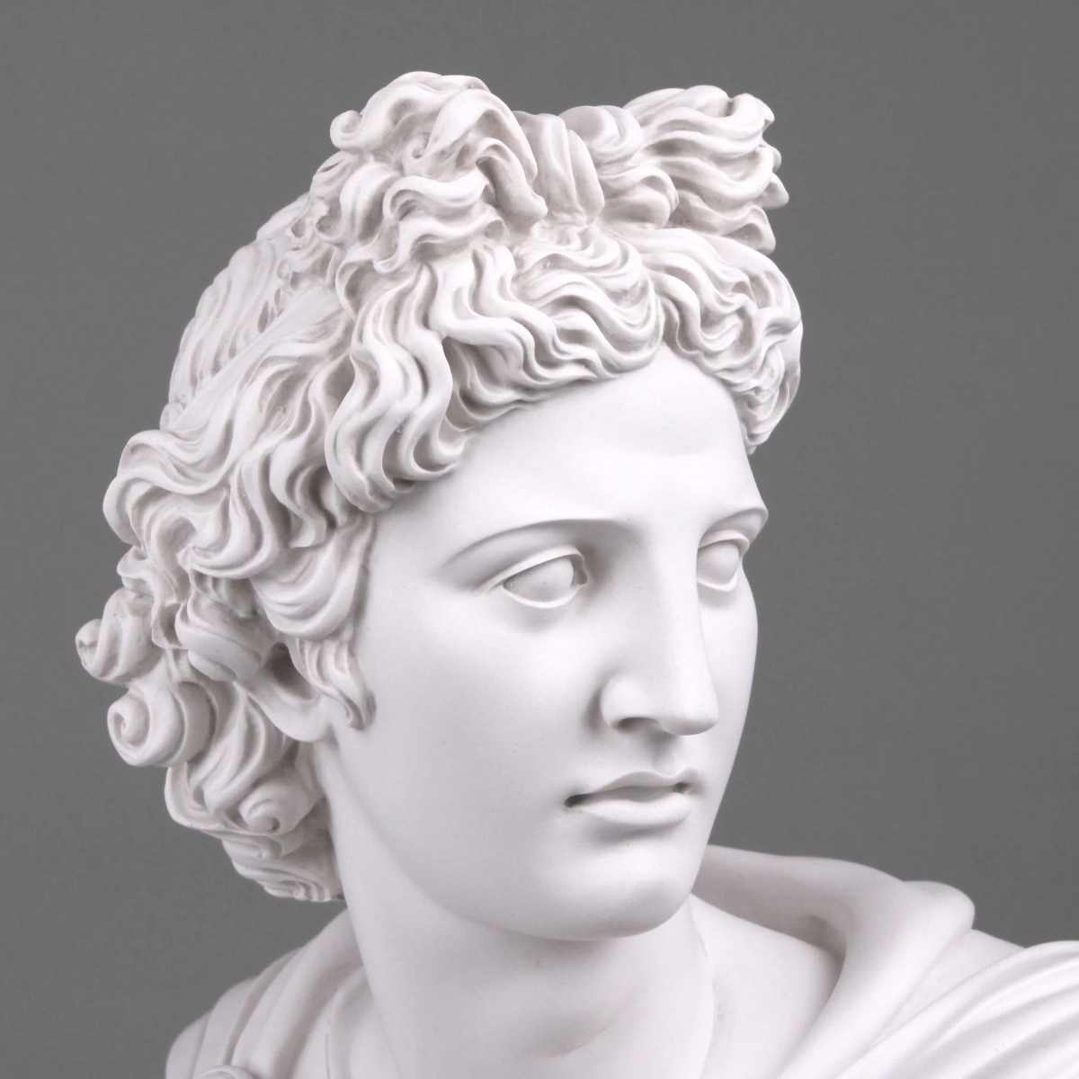 Close-up of Apollo Head Bust highlighting curly hair
