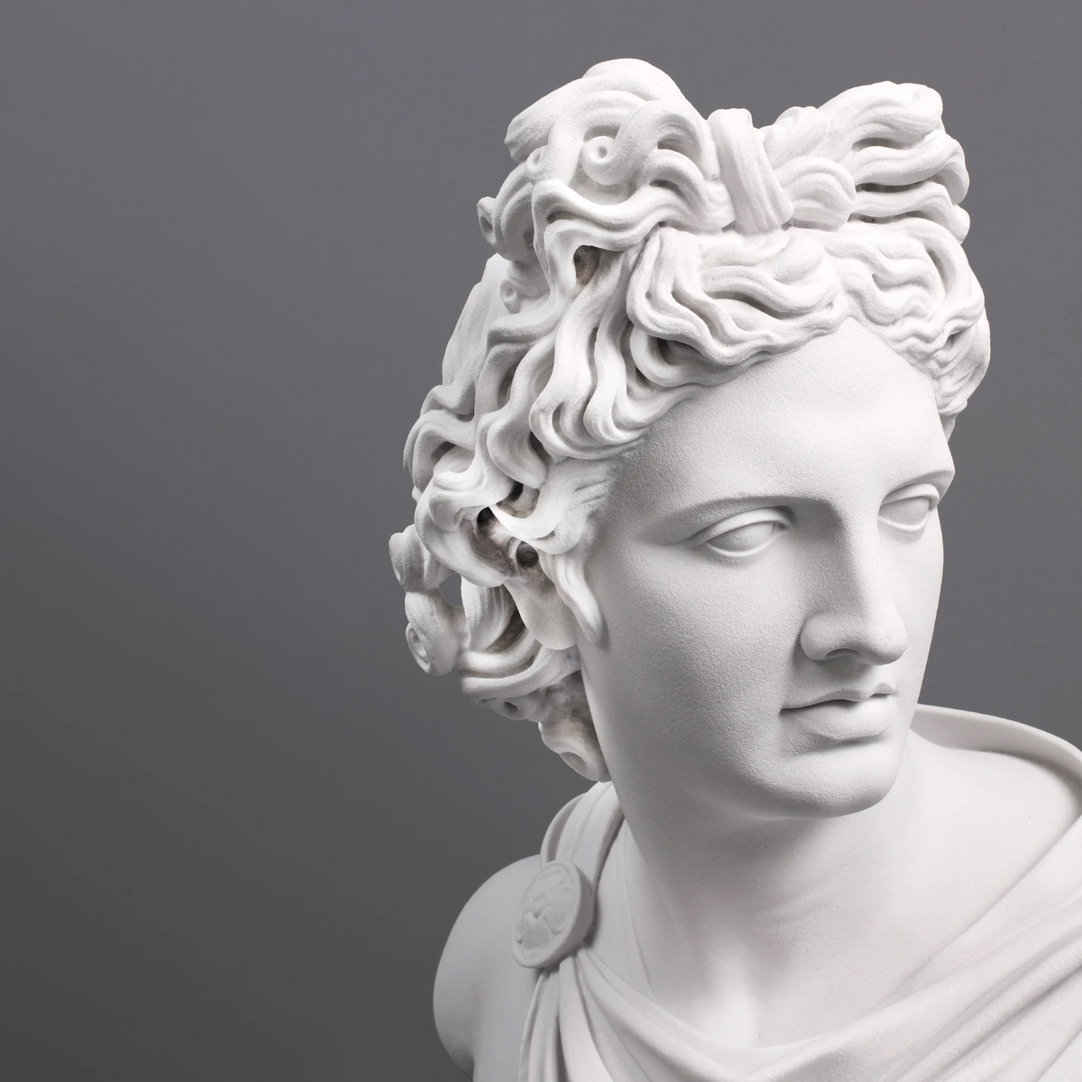 Close-up of Apollo Marble Bust highlighting intricate hair texture