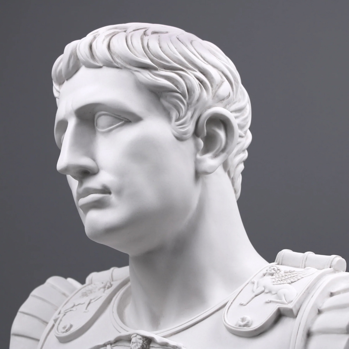 Close-up of Augustus Marble Bust showing finely carved marble facial