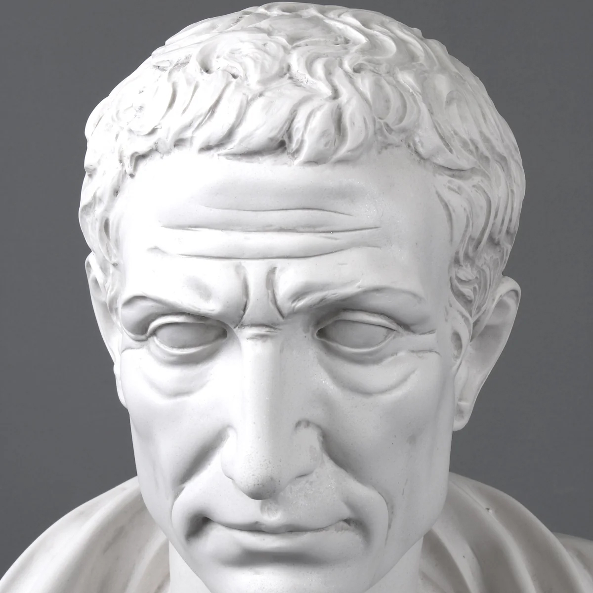 Close-up of Julius Caesar Bust Sculpture face with intense expression
