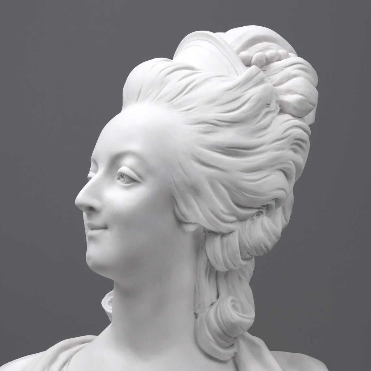 Close-up of Marie Antoinette Marble Bust focusing on refined hair texture