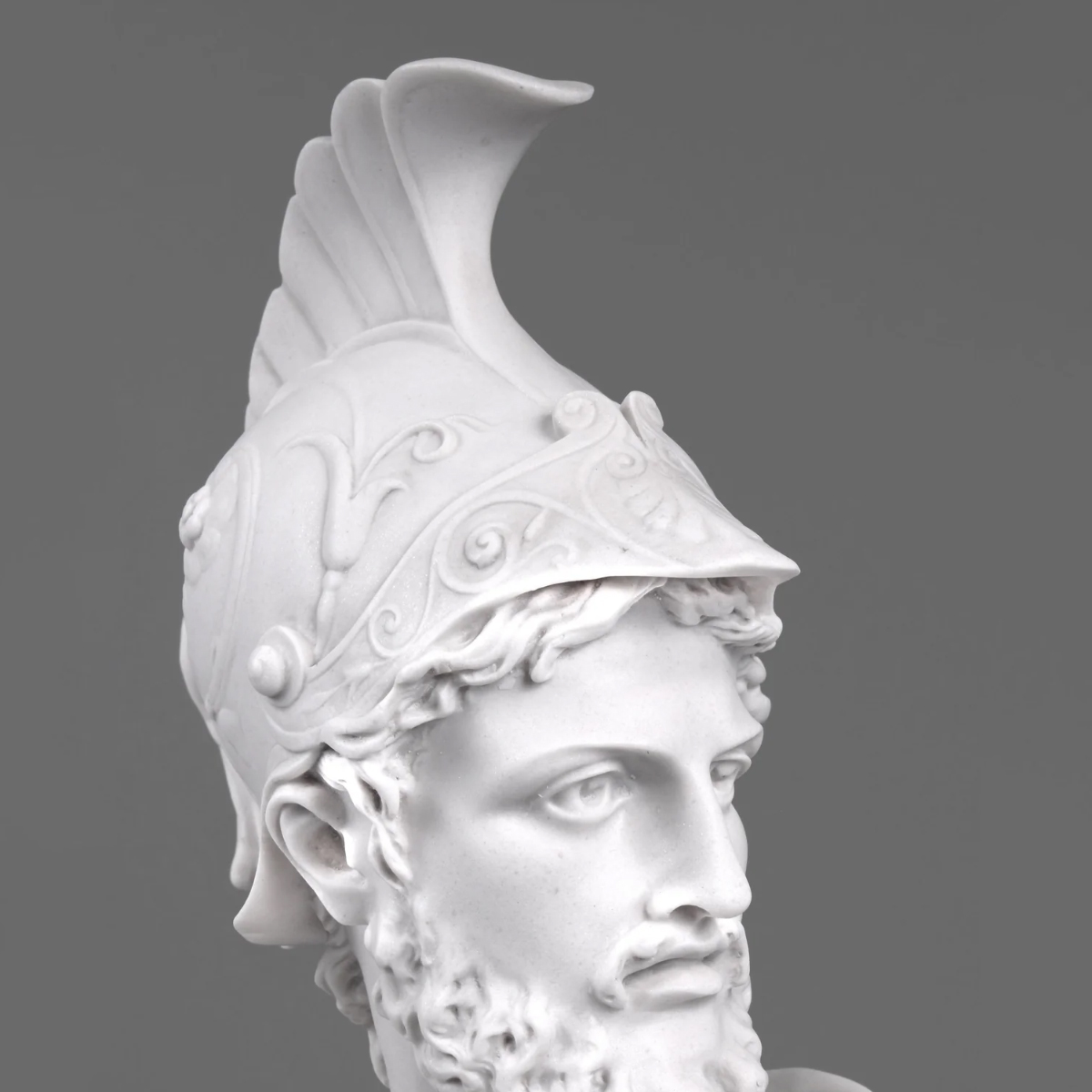 Close-up of intricately carved helmet on Ajax marble bust