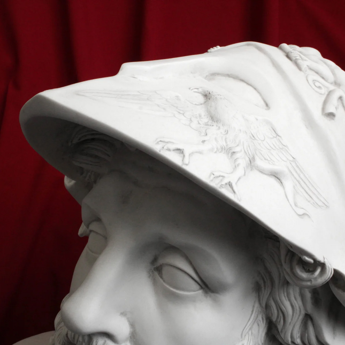 Close-up of marble bust of Ajax showing sculpted eagle