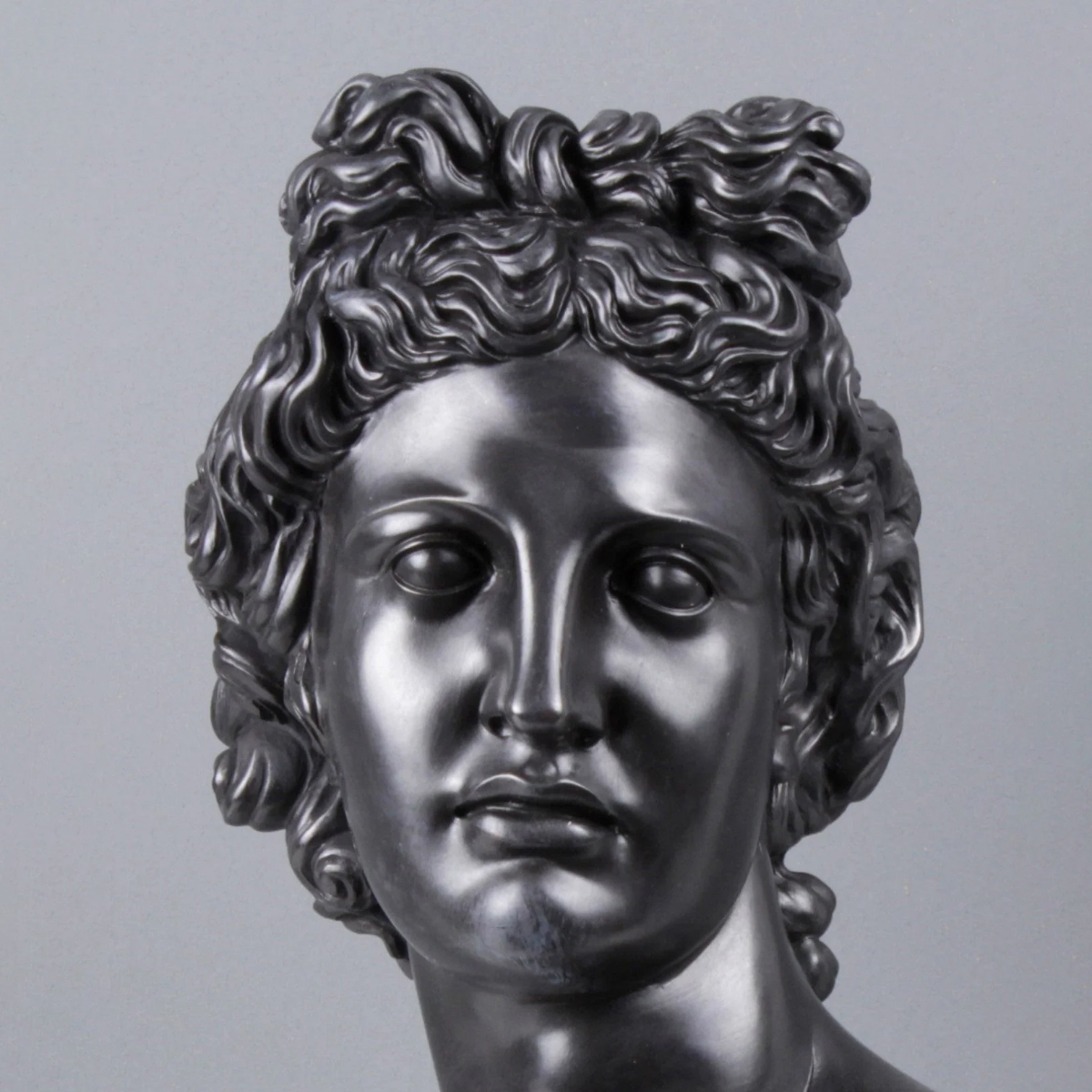 Close-up of the bronze Apollo Statue Bust in black