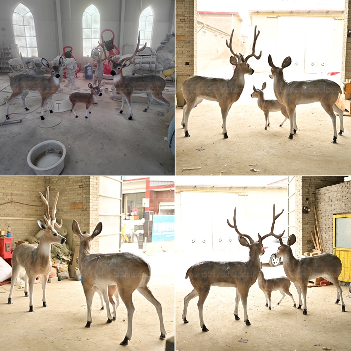 Collage of fiberglass Whitetail Deer Family Sculptures featuring a buck, doe, and fawn