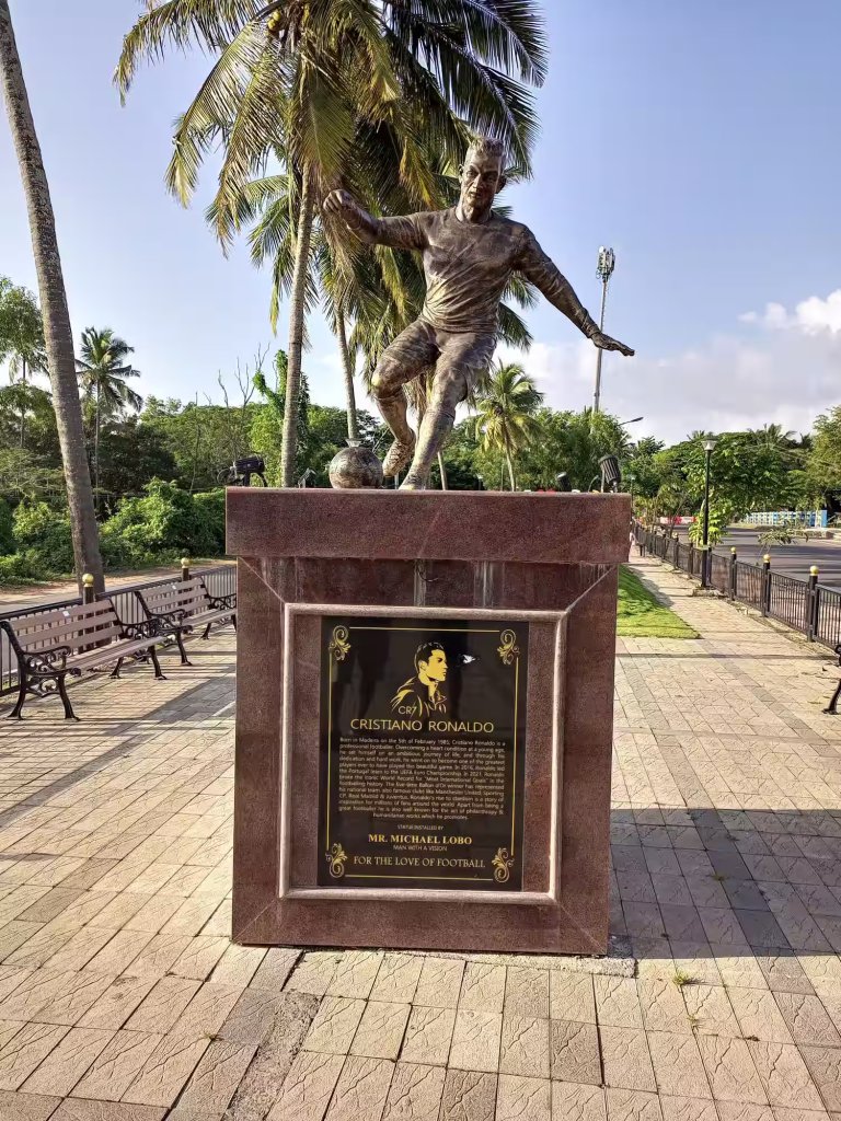 Cristiano Ronaldo statue in Goa with engraved pedestal