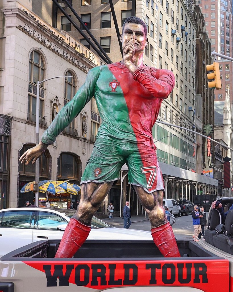 Cristiano Ronaldo statue on a world tour truck