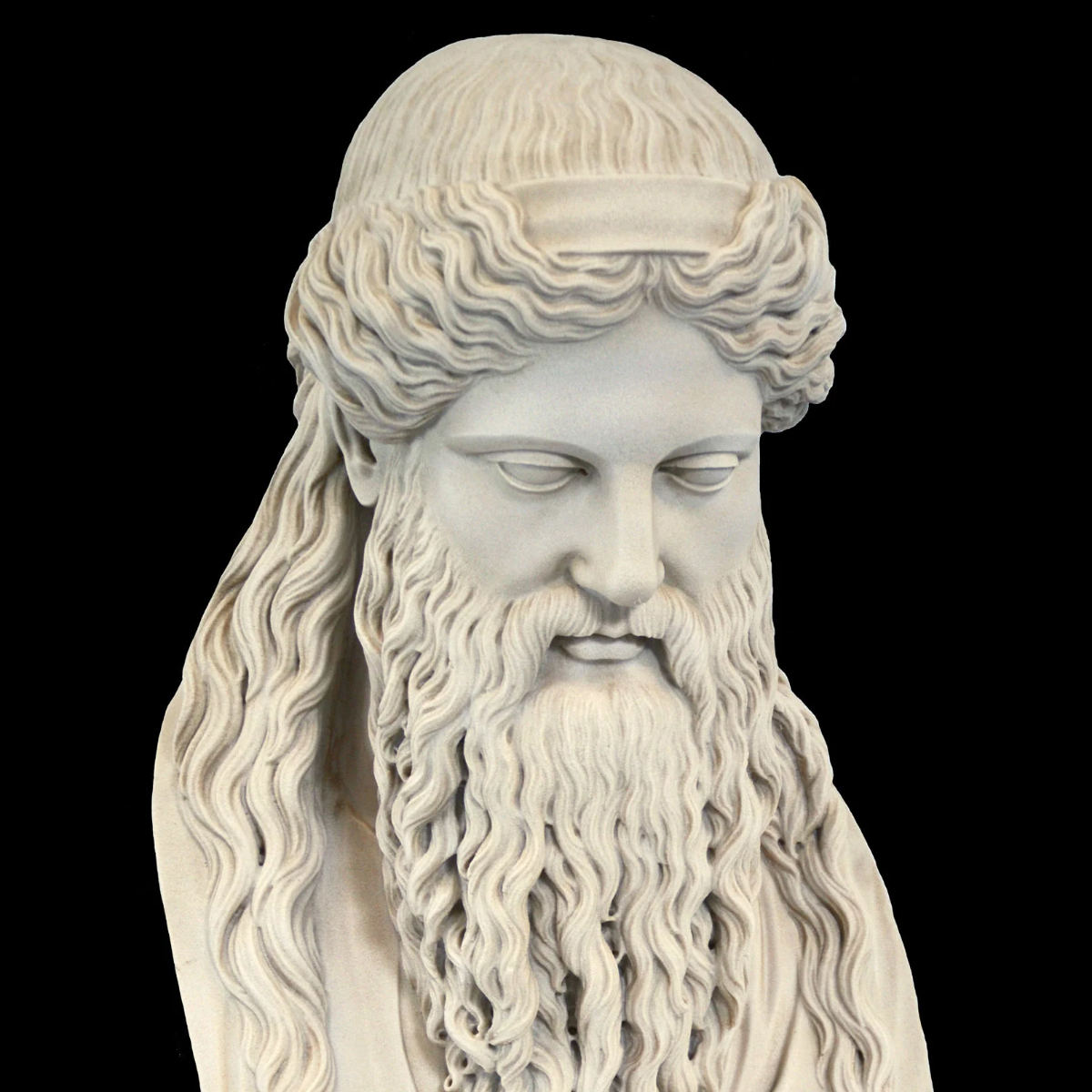 Dionysus Marble Bust, detailed sculpture with flowing hair