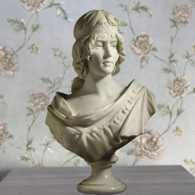 Female Marble Bust by Antonio Piazza, showcasing a serene young woman with curly hair and a headband