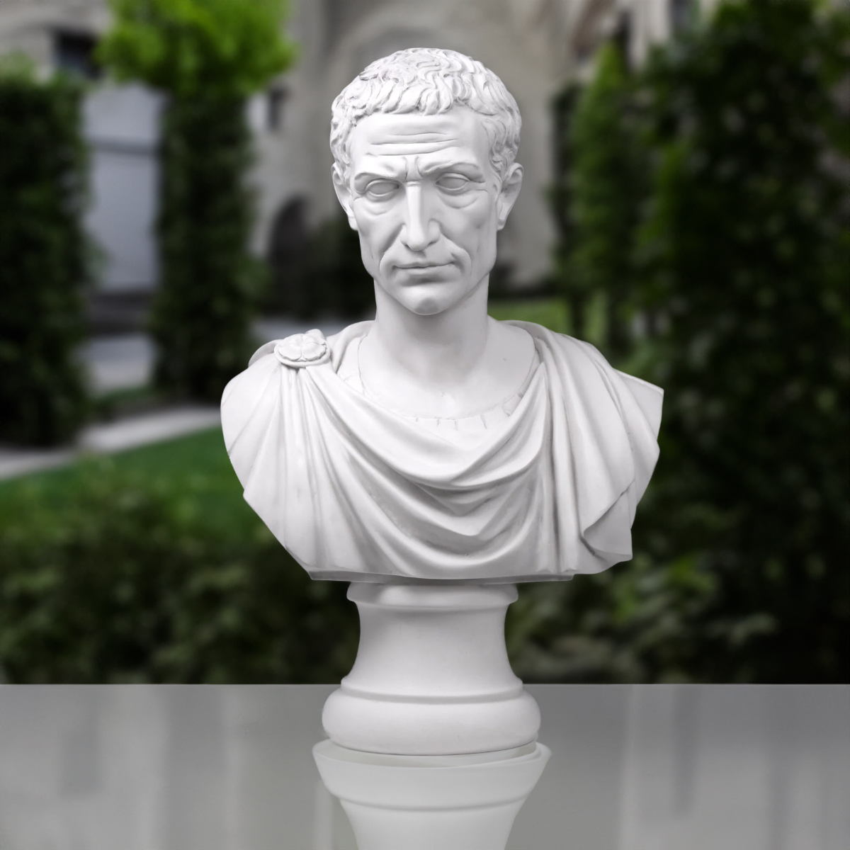 Front display of Julius Caesar Marble Bust with classical drapery