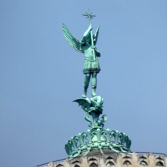 Front view of winged Archangel Michael on Fourvière dome