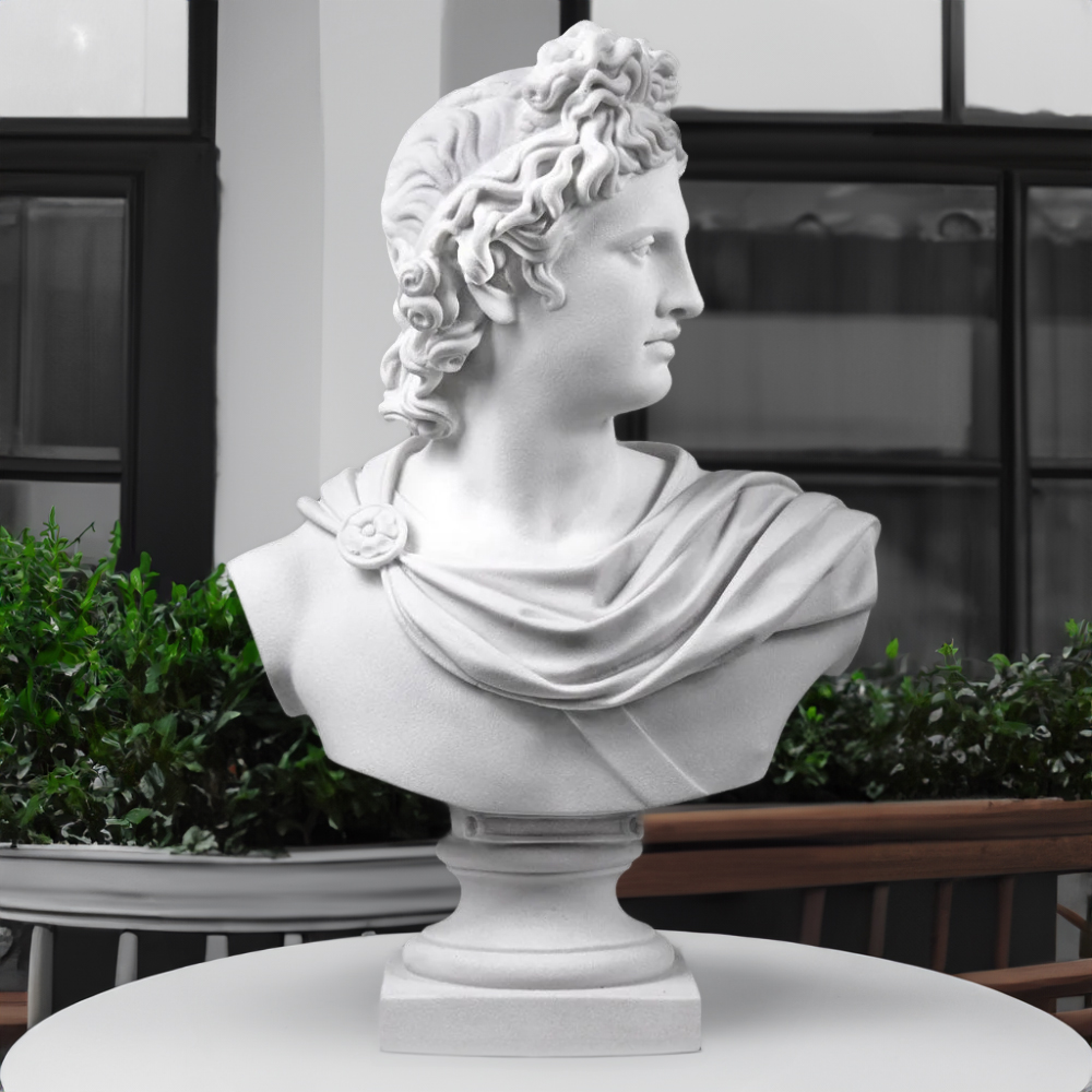 Frontal outdoor view of the Apollo Belvedere Head bust in marble