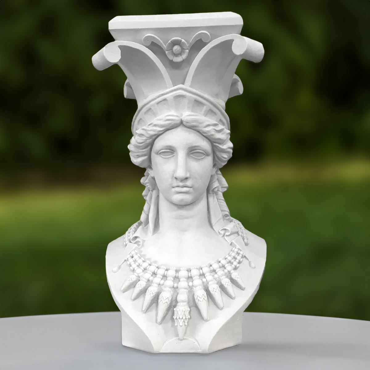 Frontal view of the Caryatid bust Sculpture, emphasizing the serene expression and intricate necklace