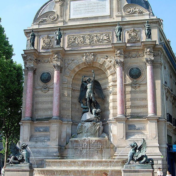Full view of Fontaine Saint-Michel featuring Archangel Michael statue and ornate façade