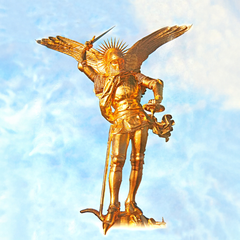 Gilded Archangel Michael statue atop Mont Saint-Michel spire