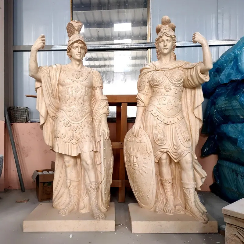God of War Sculpture and Minerva Statue in matched warrior poses