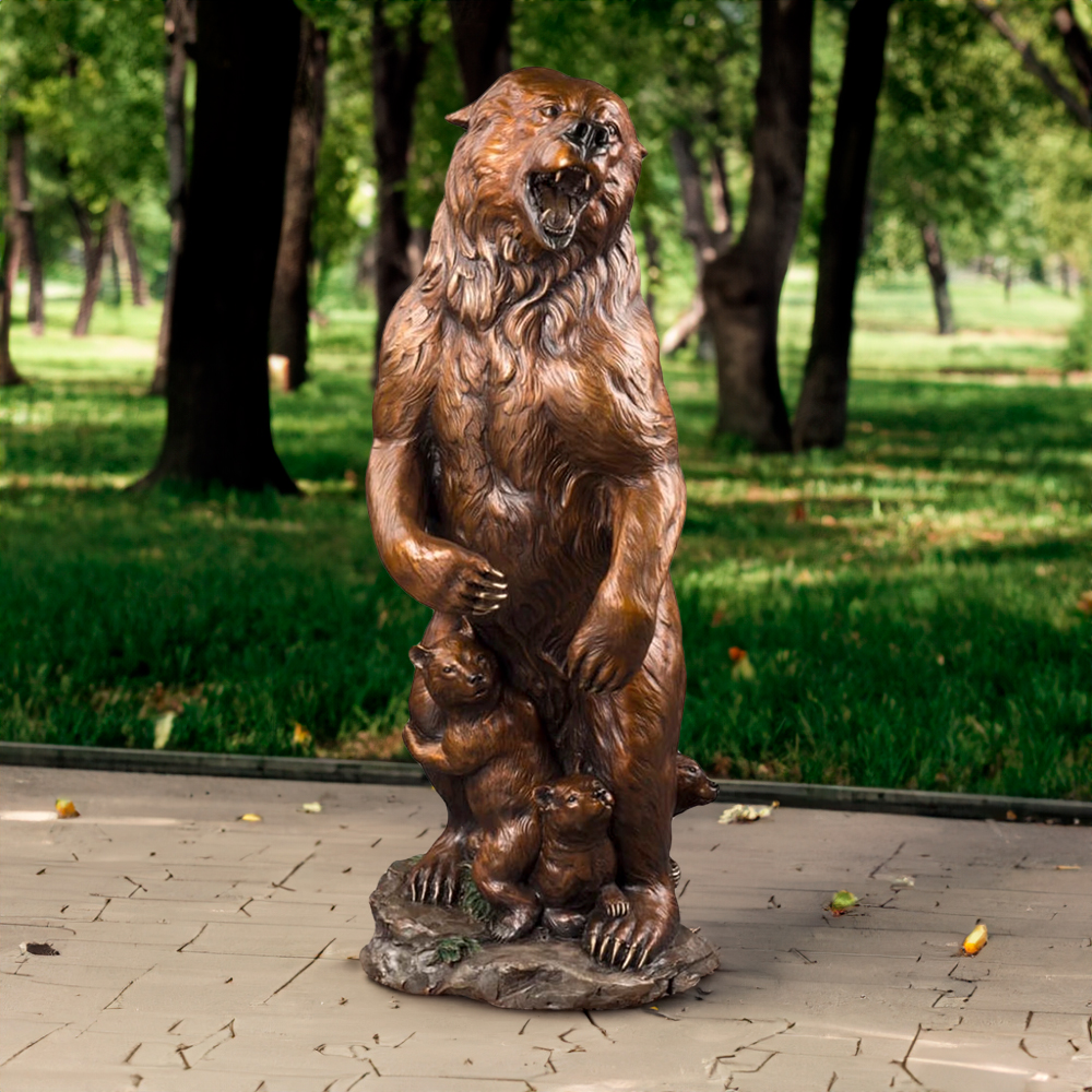 Large Bear Garden Ornament featuring a bronze mother grizzly bear standing with three cubs