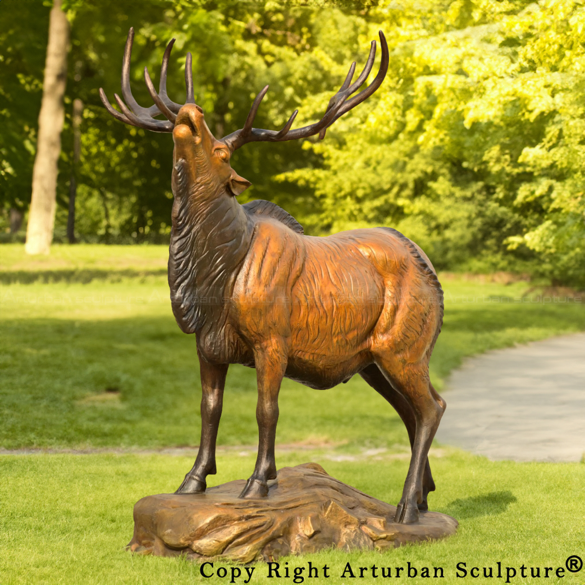 Life Size Deer Yard Ornaments featuring a bugling bull elk with raised antlers and rich patina finish