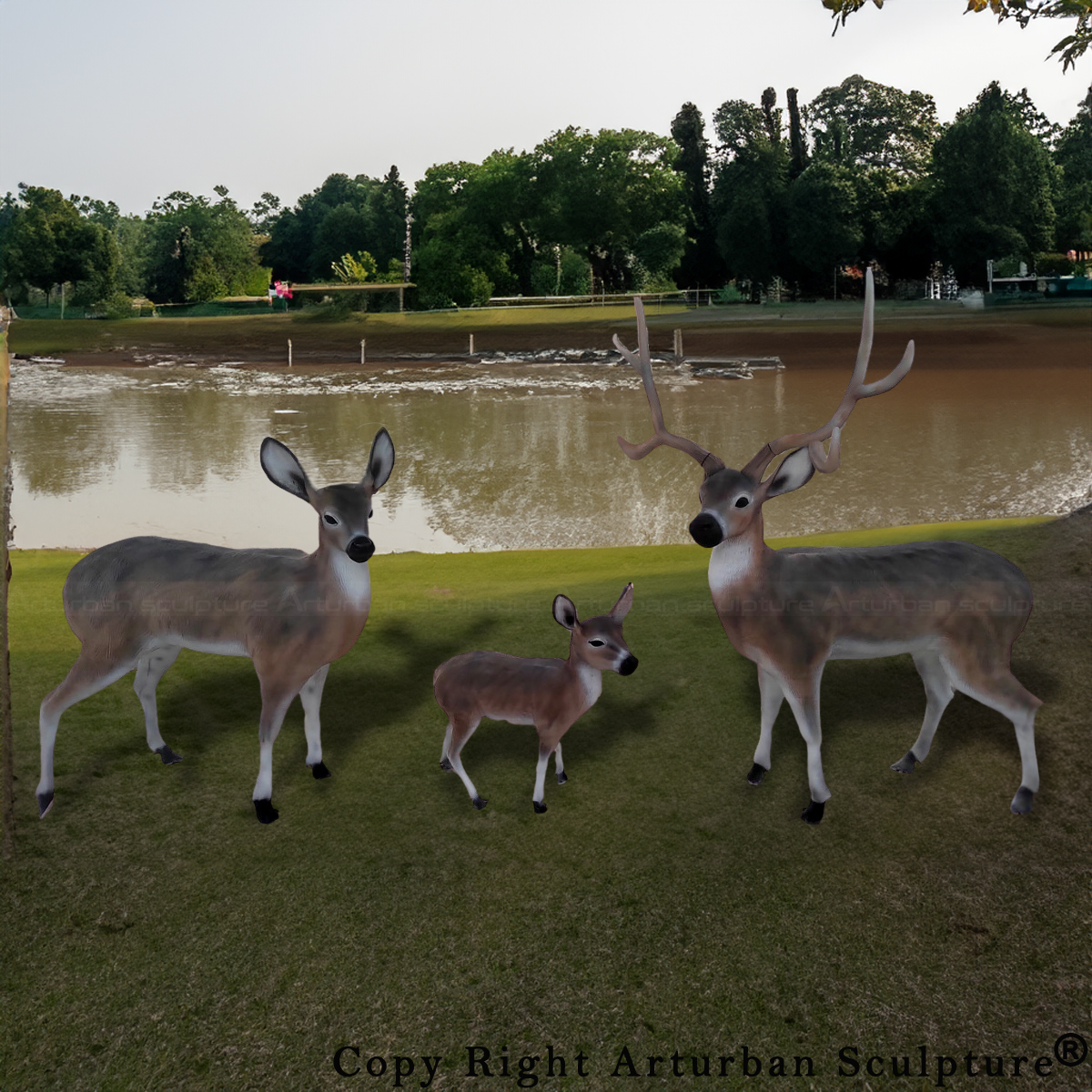 Life Size Deer Yard Ornaments featuring a realistic white-tailed deer family sculpture, including a buck, a doe, and a fawn standing on grass near a pond