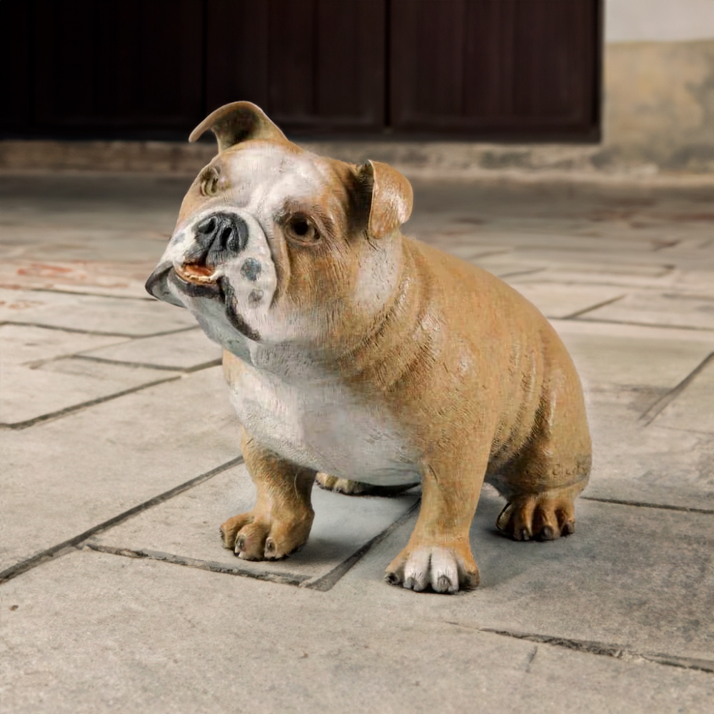 Lifelike English Bulldog Yard Statue sitting upright with wrinkled face