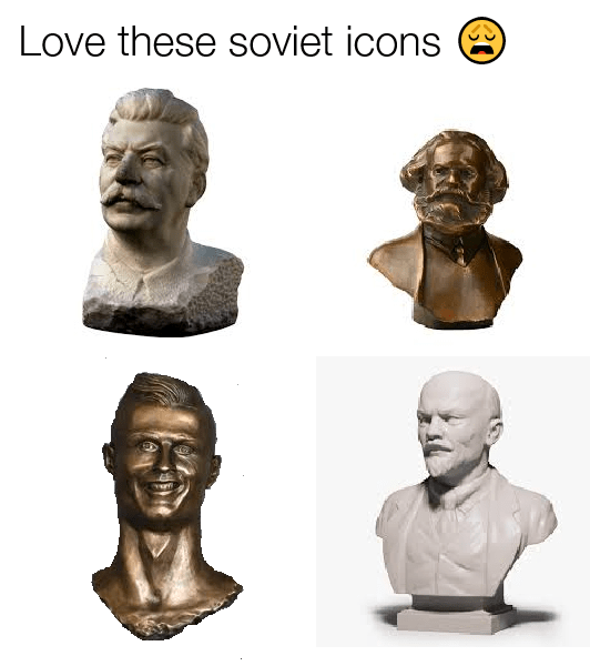 Meme image showing busts of Stalin, Marx, Lenin, and Cristiano Ronaldo