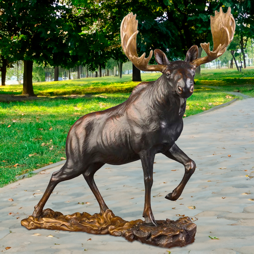 Metal Moose Statue featuring a majestic male moose with detailed palmate antlers