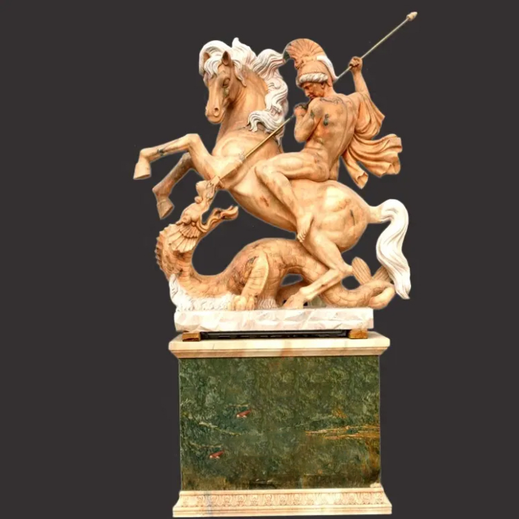Outdoor St George Slaying the Dragon Statue featuring a classical warrior on horseback
