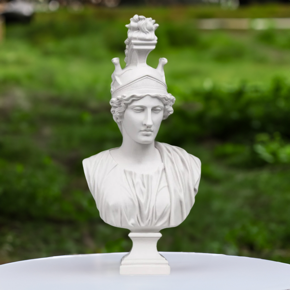 Outdoor display of Athena Marble Bust